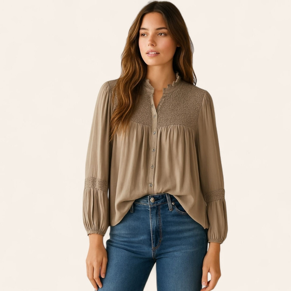 Sundance Tan Lace Sheer Peasant Blouse Top Sz S Neutral & Cami Undone Minimalist - Picture 1 of 12